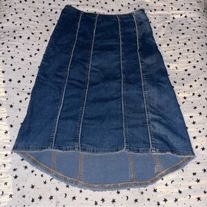 Navy blue denim midi skirt with a flared hem. Size 7/8.